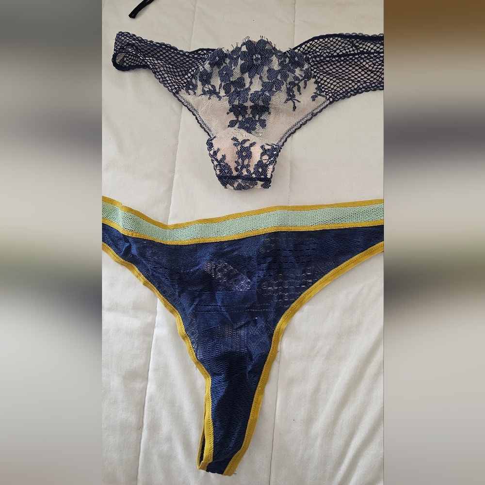 Bundle of 2 Victorias Secret Mesh Navy Blue Thong crochet NWT L
